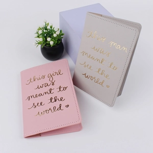 Pink and grey PU leather travel passport covers with gold airplane and inspirational quotes