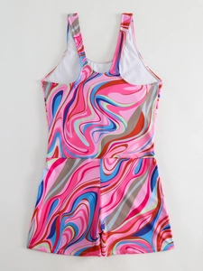 Maillot de bain une pièce avec motifs tourbillons psychédéliques et coupe shorty sport