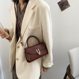 Vintage burgundy square crossbody bag for women with gold clasp and top handle