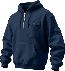 Detalle de sudadera azul marino con bolsillos cargo y textura de punto