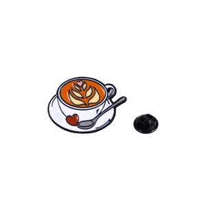 Vintage coffee cup enamel brooch with heart latte art and secure black rubber backing
