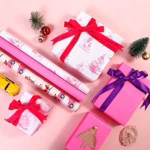 Christmas Gift Wrapping Paper Roll Pink Aesthetic Cartoon Santa Snowman Coated Paper For Holiday Presents Decor