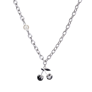 Hip hop style silver chain necklace with black cherry pendant and white pearl charm