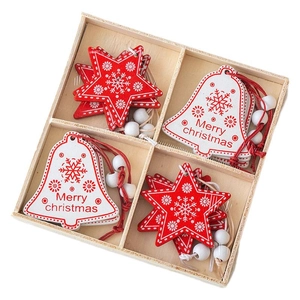Nordic wooden Christmas tree ornaments set with stars and bells in a grid box