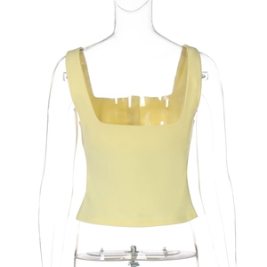 Detailed back view of yellow square neck slim fit tank top with precise stitching detail