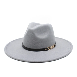 Detail of wool felt fedora featuring 9.5cm wide brim and gold chain link buckle trim