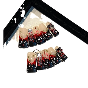 Gothic Halloween cat press-on nails set with red blood drips and 3D silver skulls