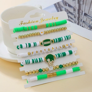 Detailed set of 7 American football mom heishi bead bracelets with sports charms