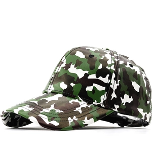 Classic green camouflage PU leather baseball cap with a curved brim for outdoor sun protection