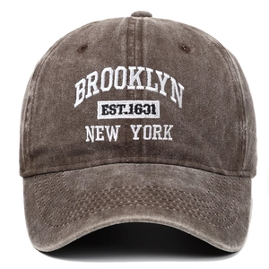Close-up of Brooklyn 3D embroidery on vintage washed cotton baseball cap