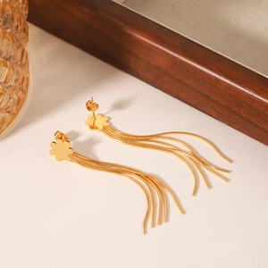 Elegant gold stainless steel flower earrings with long fringe tassels for women