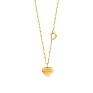 Elegant gold double heart necklace with solid pendant and cutout link detail