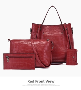 Red crocodile embossed handbag set detail including tote shoulder bag and clutch wallet
