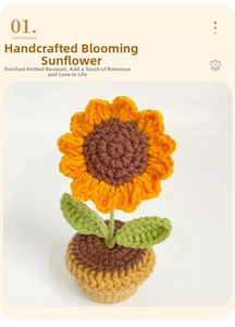 Detailed view of handmade crochet sunflower potted plant with orange petals and green leaves