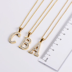 18k gold plated titanium steel necklaces with A, B, C letter pendants and sparkling crystals