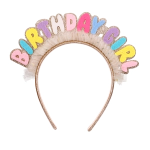 Golden glitter birthday girl headband with colorful felt letters and lace trim