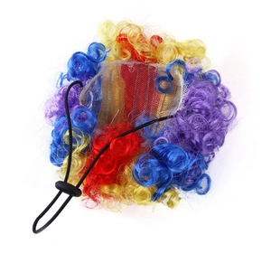 Close-up of colorful rainbow pet wig with adjustable elastic strap and breathable mesh base