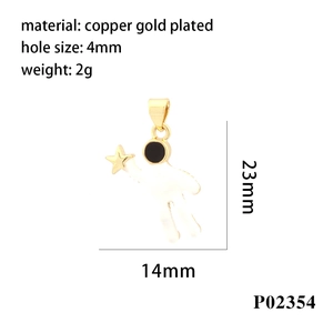 Detailed technical drawing of a gold astronaut pendant with size measurements and specs