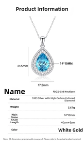 Detailed specs of S925 silver necklace with 14x10mm blue pear-cut gemstone pendant