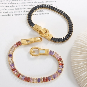 Luxe gold plated steel bracelet with colorful zircon stones and buckle magnetic clasp