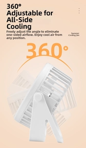 Detail view of the white desktop fan showing 360-degree rotation and flexible adjustment