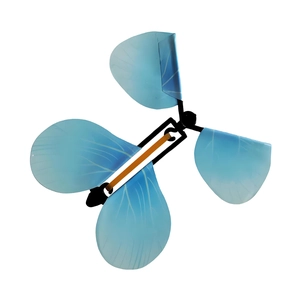 Detailed close-up of a blue magic flying butterfly toy with translucent wing textures