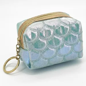 Mini iridescent fish scale pattern coin purse with gold zipper and keychain ring