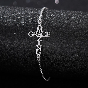 Polished stainless steel cross necklace featuring an Amazing Grace engraved pendant design