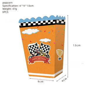 Set of 6 orange motorcycle birthday popcorn boxes with dimensions 4x9x13cm detailed view