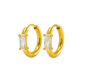 Detail of gold hoop earrings featuring a baguette-cut zircon in a minimalist setting