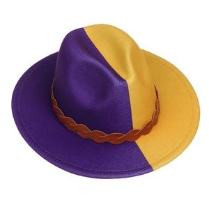 Detail view of purple and yellow gradient felt fedora hat with brown leather braided band