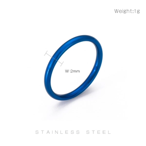 Detail showing 2mm blue stainless steel minimalist ring with specifications and metal texture