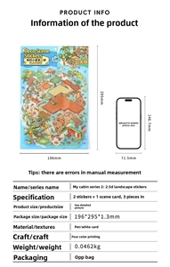 Detail view of 2.5D seaside studio stickers with PET material and size specifications