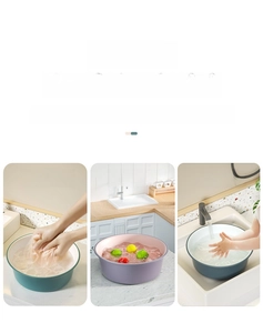 Detailed set of three multi-sized nesting washbasins in matte green, purple, and blue colors