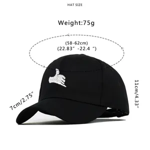 Classic black cotton baseball cap with Shaka hand embroidery and size measurement guide