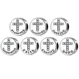 925 Sterling Silver Cross Charm Beads With Rhinestone Engraved Seven Virtues Round Beads For DIY Bracelet Women Jewelry