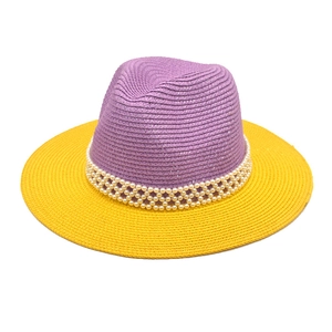 Elegant purple and yellow straw sun hat decorated with three rows of white pearls