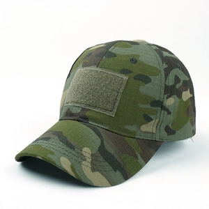 Detail of woodland camo tactical baseball cap with velcro patch and curved brim