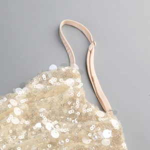 Macro detail of elegant champagne gold sequins and pearl embroidery on backless evening dress