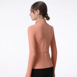 Haut de sport ajusté à manches longues orange corail pour femme avec vue arrière