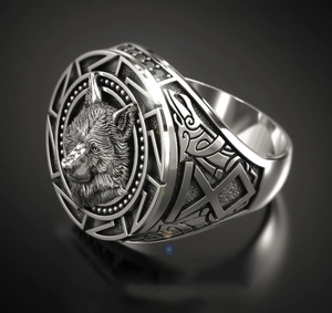 Vintage silver wolf head ring for men with Nordic runes and textured viking warrior design