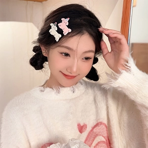 Close-up of cute cartoon puppy hair clips on a female model with pink and white colors