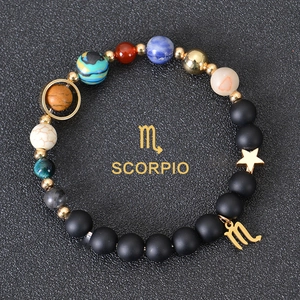 Detailed view of Scorpio zodiac bracelet with planetary stone beads and golden charm