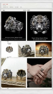 Macro shot of vintage tiger head ring with gold eyes and detailed silver texture