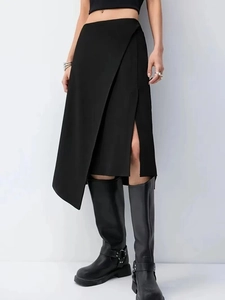High Waist Asymmetric Midi Skirt Solid Color Side Split Irregular Hem Minimalist Office Elegant Women Polyester Blend