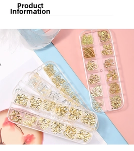 Detailed view of 12-slot cases containing gold and silver nail art metal alloy charms
