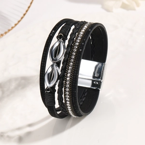 Bohemian multilayer black leather bracelet with sparkling crystals and silver infinity charm