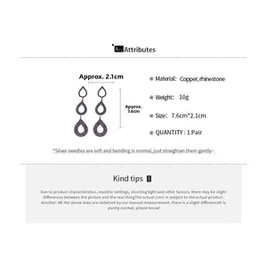Detailed size specifications for triple-teardrop purple rhinestone tassel earrings