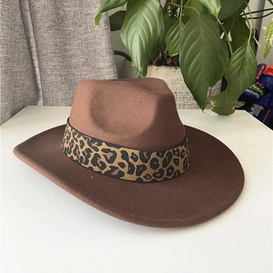Detailed view of the leopard print band on the brown wool fedora with a wide brim