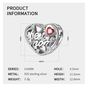 Detail info of S925 silver Best Mom heart charm with red stone and size dimensions